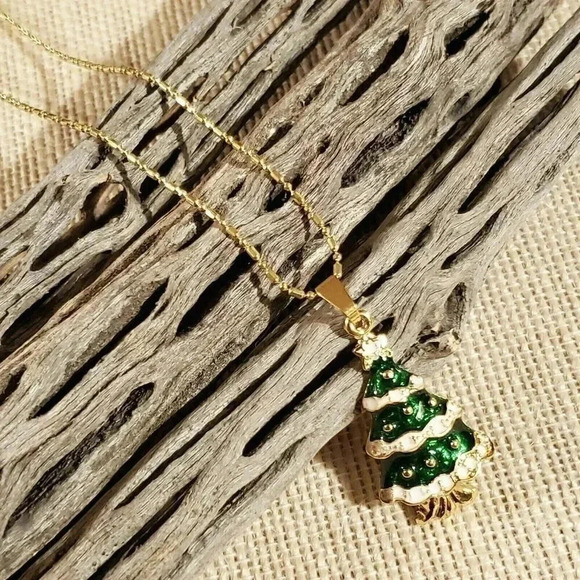 Christmas Tree Green White Gold Enamel Holiday Pendant Necklace - Picture 2 of 6
